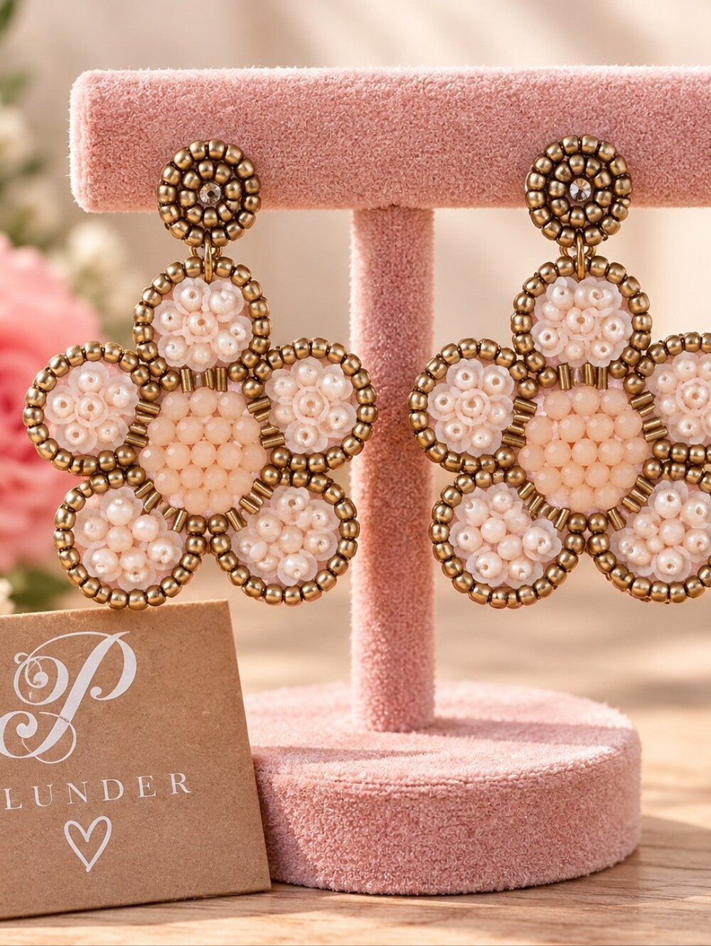Plunder Blush Pink & Gold Beaded Floral Statement Earrings β 2β